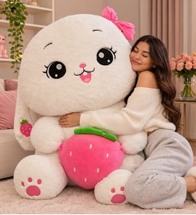 100 CM Dev Boy Çilekli Beyaz Tavşan Peluş Oyuncak – XXL Sevimli Tavşan