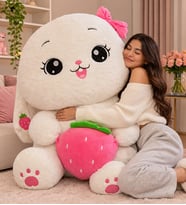 100 CM Dev Boy Çilekli Beyaz Tavşan Peluş Oyuncak – XXL Sevimli Tavşan