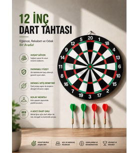 12 İnç Ahşap Dart Tahtası 4 Adet Metal Uçlu Dart Oku Dahil