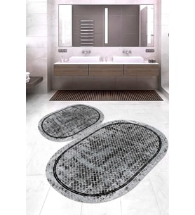 Dijital Baskılı Kaymaz Taban Yıkanabilir Oval 2'li Klozet Takımı Banyo Paspası NOKZ-SD-1092 (Gri)