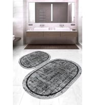 Dijital Baskılı Kaymaz Taban Yıkanabilir Oval 2'li Klozet Takımı Banyo Paspası NOKZ-SD-1092 (Gri)