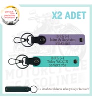 Motosiklet Aşıkları, İsim Plaka ve B Rh (+) Kan Grubu Acil Durum x2' li Anahtarlık, Mor-Turkuaz-Laci