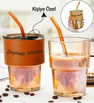 Kişiye Özel Deri Aksesuarlı Renkli Cam Mug Bardak