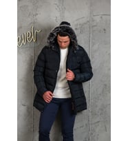 SLİMFİT KAPŞONLU İÇİ ASTARLI ERKEK SPOR KAPİTONE MONT (Lacivert)