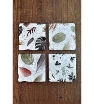 Doğal Taş Bardak Altlığı 4'lü Set 10x10cm - Yaprak Desenler Baskılı Stone Coasters