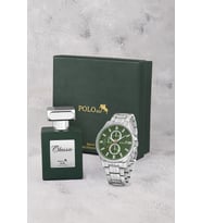 Polo Air Erkek Kol Saati Ve 55ml Parfüm Hediyelik Kutusunda Set Gümüş Yeşil Renk ST-5007E3 (Açık Yeşil-Gümüş)