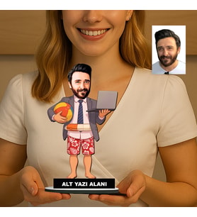 Kişiye Özel Sup Board Süren Erkek Tatilci Karikatürlü 18 cm MDF Masaüstü Biblo - Masaüstü Hediye