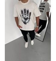 pilelistore- Unisex Bisiklet Yaka Baskılı Oversize T-Shirt - Beyaz