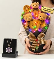 Doğum Günü Hediyesi Kişiye Özel Renkli Led Işıklı Peluş Ayıcık Buketi (Kahve) ve Gerçek Ametist Taşlı Lotus Kolye