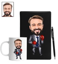 Kişiye Özel Boksör Tasarımlı Karikatür Siyah Defter Kalem Kupa Seti 5