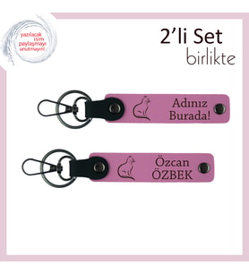 Tüylü Kalplere Uygun Hediye, Kedili Figür, Kişisel Yazılı Deri Anahtarlık, Pembe-Pembe