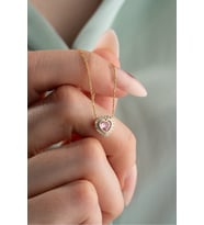 925 Ayar Gümüş Gold Kaplama Pembe Taşlı Kalp Kolye