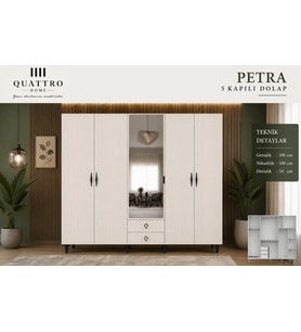 PETRA 5 KAPAKLI DOLAP-Genişlik: 200 cm Yükseklik: 208 cm Derinlik: 54 cm