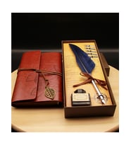 MOBGİFT Hediyelik Taçlı Kuş Tüyü Divit Kalem Ve Özel Tasarım Retro Deri Defter Seti