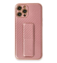 Newface Apple iPhone 12 Pro Kılıf Coco Karbon Standlı Kapak - Pembe