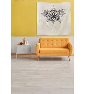 Bej Çiçek Desenli Leke Tutmaz Kadife Kumaş Duvar Örtüsü Duvar Halısı Tapestry (Bej - Siyah)