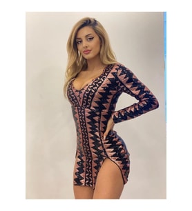 Siyah Gold Etnik Desenli Yırtmaçlı Mini Elbise (Pembe)