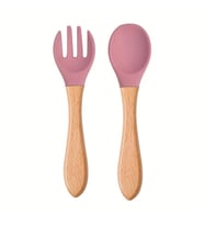 Doğal Ahşap & Yumuşak Silikon Uçlu Bebek Mama Seti (Pembe)