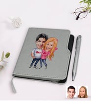 BK Gift Kişiye Özel Sevgililer Karikatürlü Gri Termo Deri Defter Kalem Seti-5