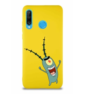 Huawei P30 Lite Soft Premier Kapak Plankton Tasarımlı Silikon Kılıf - Sarı (Şeffaf)
