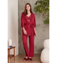 Pierre Cardin Dantelli Sabahlıklı Penye Pijama Takımı Bordo