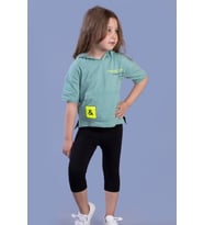 Toontoy Kız Çocuk Baskılı Kapüşonlu Kanguru Cepli Taytlı Takım (Yeşil)