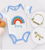 BK Kids Kişiye Özel İsimli Mavi Bebek Body Zıbın Erkek Bebek Künyesi ve İğnesi Hediye Seti-1