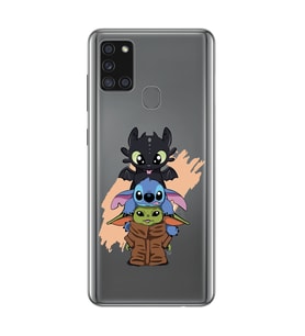 Samsung Galaxy A21S Uyumlu Sevimli Baby Yoda ve Stitch Desenli Şeffaf Telefon Kılıfı