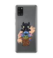 Samsung Galaxy A21S Uyumlu Sevimli Baby Yoda ve Stitch Desenli Şeffaf Telefon Kılıfı