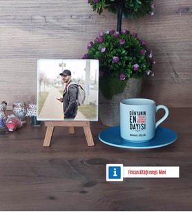 Dayıya Hediye Fotoğraflı Dekoratif Taş, Ahşap Altlıklı Türk Kahvesi Fincanı Hediye (Model 5)
