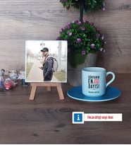 Dayıya Hediye Fotoğraflı Dekoratif Taş, Ahşap Altlıklı Türk Kahvesi Fincanı Hediye (Model 5)