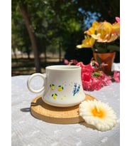 El yapımı limon desenli kahve fincanı, mum hediyeli, hediye seti (Sarı-Mor)
