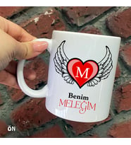 Size Özel Benim Meleğim Kanatlı Kalp M Harfli Seramik Baskılı Kupa Bardaklar