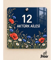 Kişiye Özel Lacivert Kır Çiçekleri Desenli Pleksi Kapı İsimliği - İsim ve Kapı Numaralı 40x40 cm