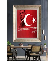 Tablore Atatürk Portreli Kırmızı Türk Bayraklı Çerçeveli Kanvas Tablo Sözlü Ofis Ve Duvar Dekoru