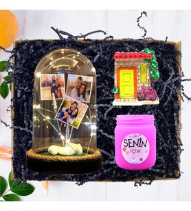 Kişiye Özel 3 Fotoğraflı Işıklı Fanus, Kokulu Pembe Mum ve Magnet 