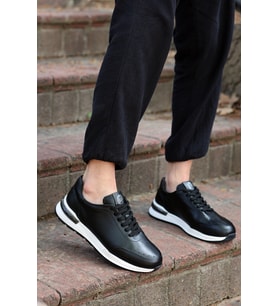 Alfeo Garantili Bağcıklı Hakiki Deri Ortopedik Taban Erkek Günlük Sneaker Spor Ayakkabı ALFEO-3721 (Siyah - Beyaz)