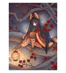 Fener Işığı - Kitsune Yokai Teakitsune Tablo Ahşap Poster Dekoratif