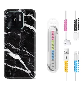 Xiaomi Redmi Note 7 8 9 Pro 10 2022 10 Pro 10S Kılıf Kablo Koruma Spiral Silikon Siyah Şerit Mermer 1318