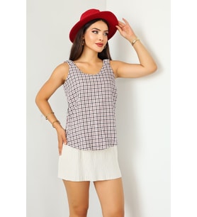 Lupinn Moda Kadın Kare - Ekose Desenli Kolsuz Yazlık Bluz – Şık ve Rahat Tasarım