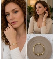 Premium Gold Renk Parlak ve Modern Taş Detay Kalp Figür Zirkon Charm 316L Çelik Bileklik (~18cm)