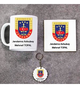 Jandarma Astsubay Kupa Bardak Altlık ve Anahtarlık Hediye Seti (Model 1)