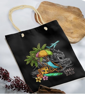 BK Gift Yaz Temalı Siyah Halat Saplı Kumaş Plaj Çantası -3, Baskılı Omuz Çantası, Alışveriş Çantası, Arkadaşa Hediye, Sevgiliye Hediye