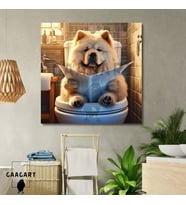 Tekli Kare Kanvas Banyo Tablosu Gazete Okuyan Çin Aslanı Köpek