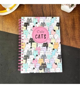 Sevimli Kedi Tasarımlı Çizgili Spiralli Defter