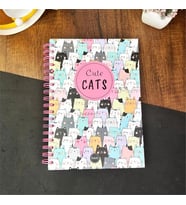 Sevimli Kedi Tasarımlı Çizgili Spiralli Defter