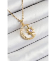 316L Çelik Zirkon Taşlı Kutup Yıldızlı Hilal Model Gold Renk Kadın Kolye (Çok Renkli)