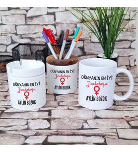 Dünyanın En İyi Jinekoloğu Baskılı Jinekolog Kalemlik Küllük Kupa Bardak Hediye Seti