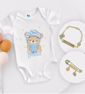 BK Kids Kişiye Özel İsimli Beyaz Bebek Body Zıbın Erkek Bebek Künyesi ve İğnesi Hediye Seti-7