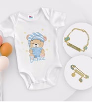 BK Kids Kişiye Özel İsimli Beyaz Bebek Body Zıbın Erkek Bebek Künyesi ve İğnesi Hediye Seti-7